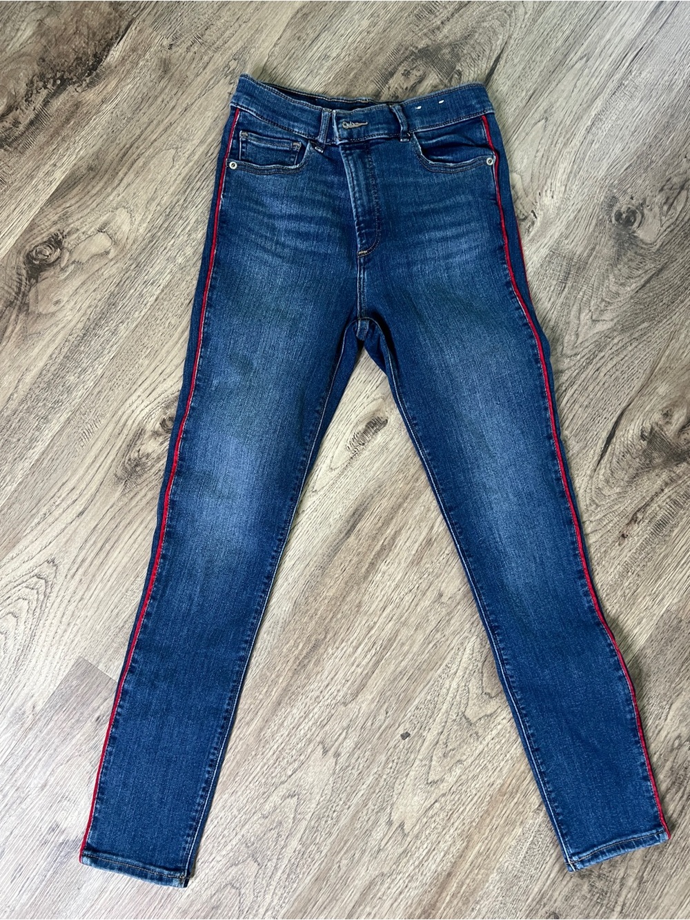 Express Women's Dark Blue Skinny Jeans with Red Side Stripe